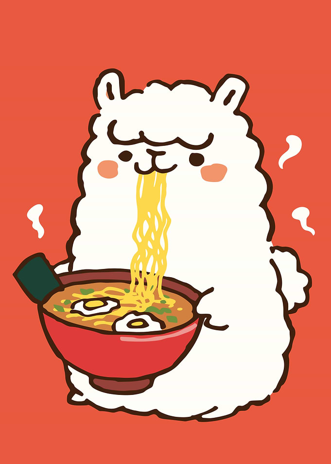 Alpaca eating ramen cartoon illustration
