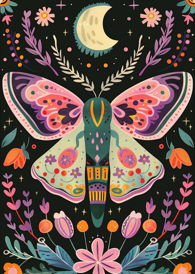 Floral Moth and Moon Illustration