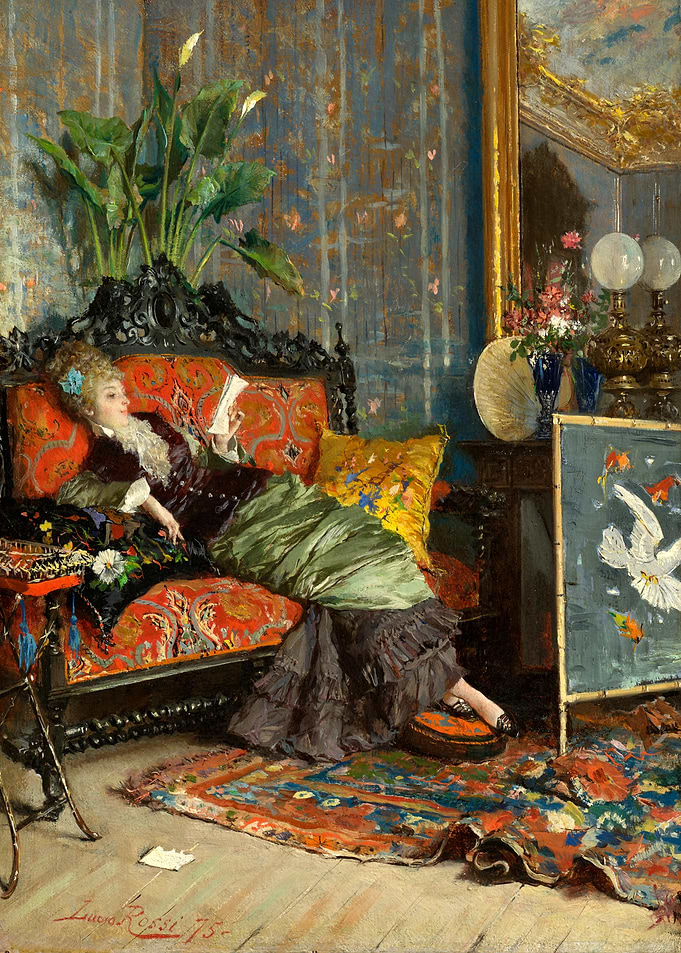 Elegant Woman Reading on Ornate Couch