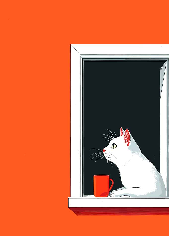 Cat in Window with Coffee Cup