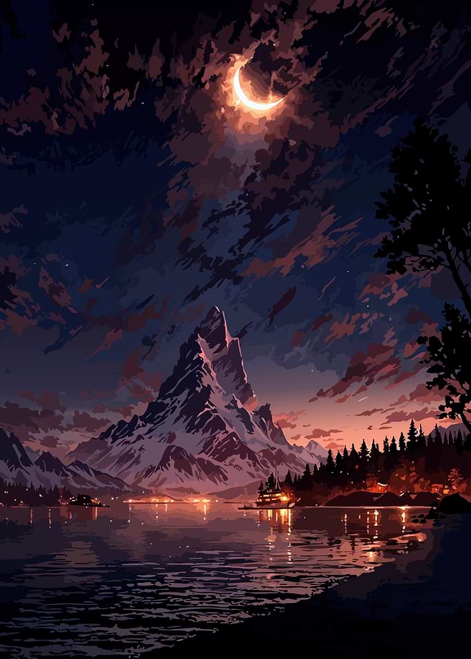 Mountain Lake at Night with Crescent Moon