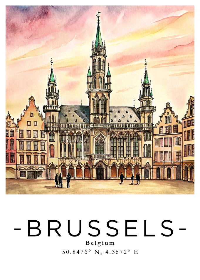 Brussels Belgium Watercolor Cityscape Art