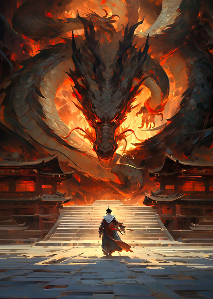 Dragon and Warrior Confrontation