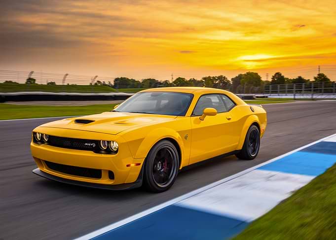 Yellow Dodge Challenger on Racetrack
