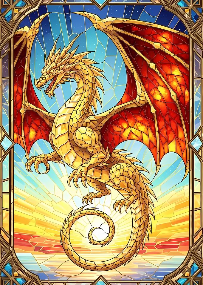 Golden Dragon Stained Glass Illustration