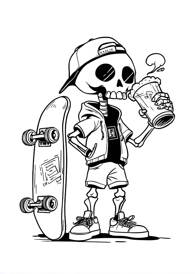 Skateboarder Skeleton Drinking Beer
