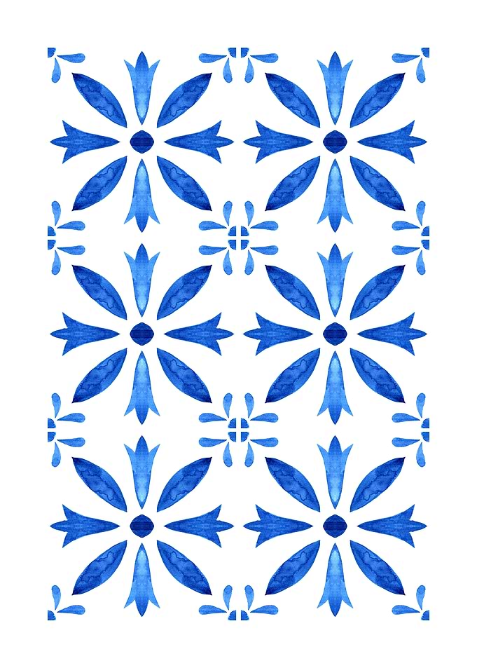Blue Floral Watercolor Pattern on White