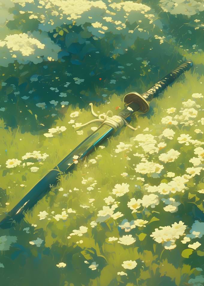 Katana in a field of flowers