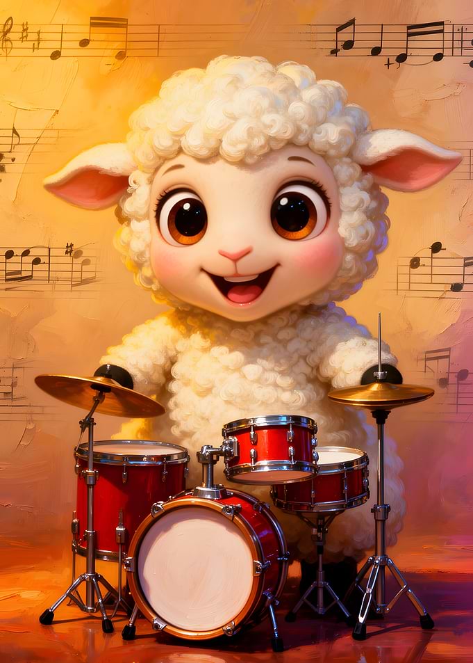 Cartoon Sheep Playing Drums