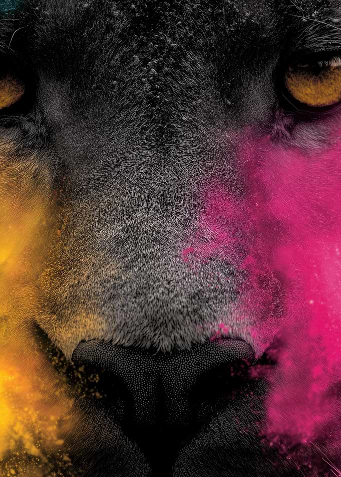 Lion face with colorful powder explosion