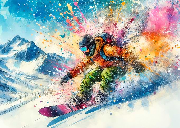 Snowboarder in Action with Colorful Splashes