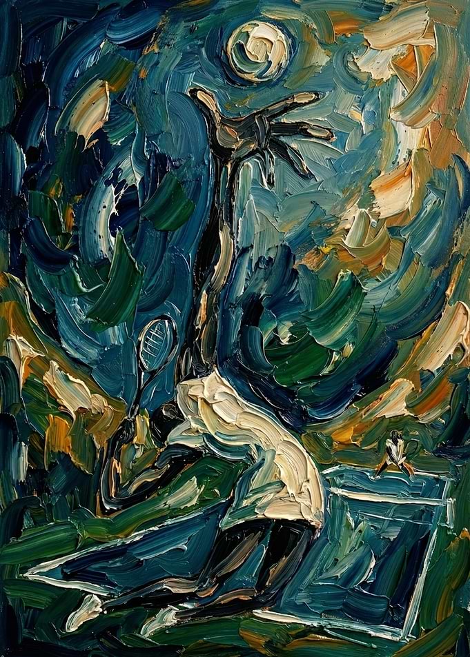 Impressionistic Tennis Player Reaching for Moon