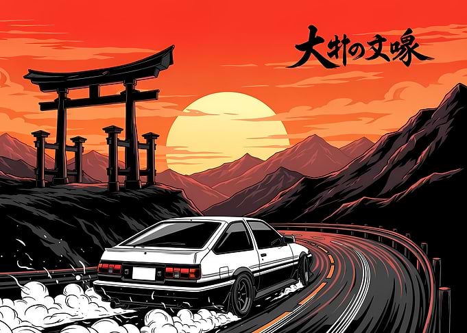 Drifting Car at Sunset with Torii Gate