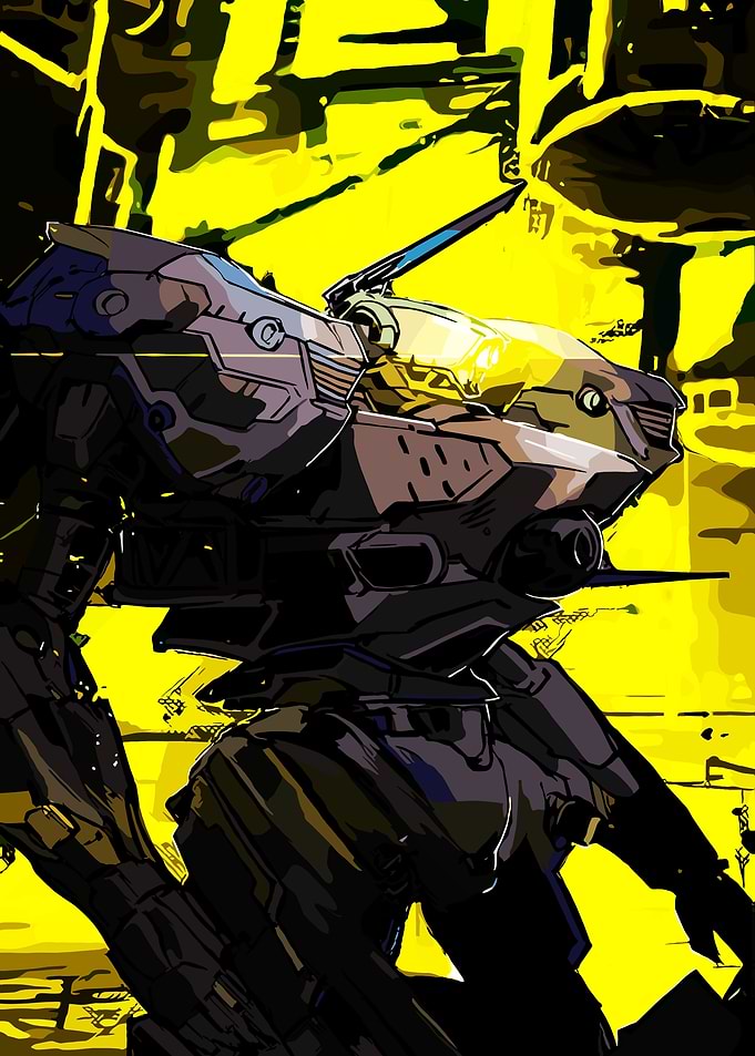 Mech Warrior in Yellow Cityscape