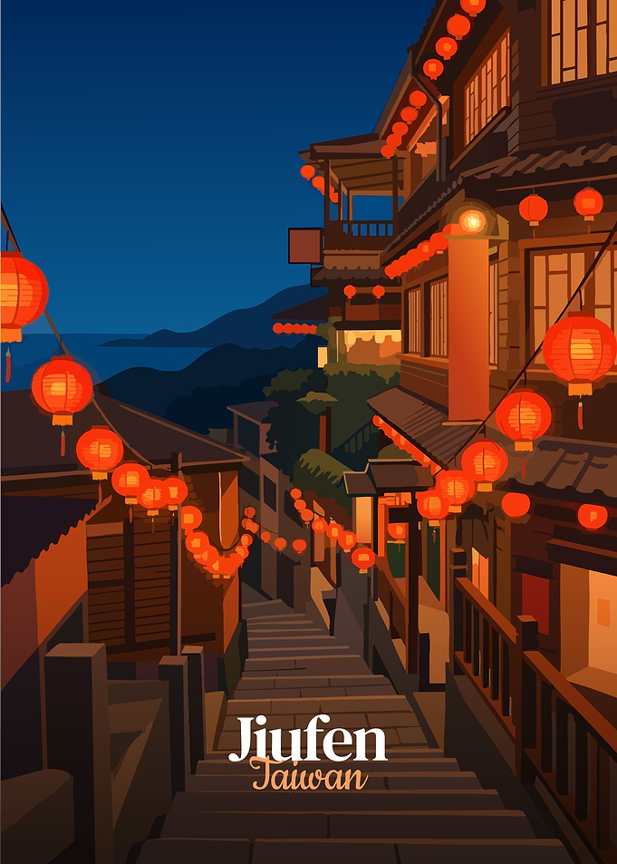 Jiufen Taiwan Street Scene Illustration