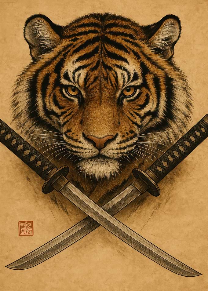 Tiger with Crossed Swords Illustration