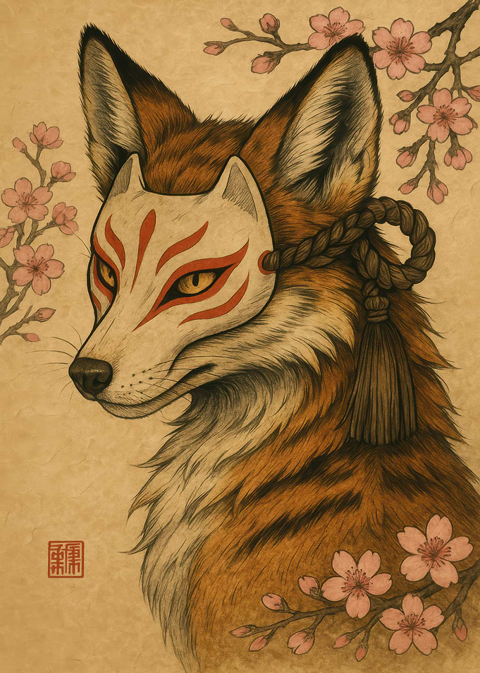 Fox with Mask and Cherry Blossoms