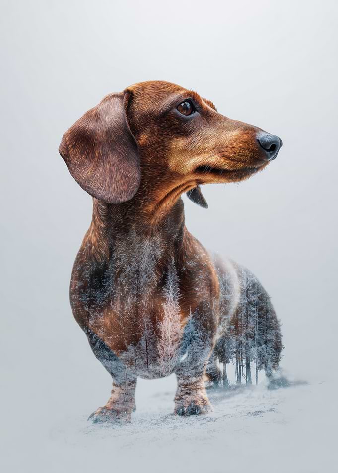 Dachshund and Winter Forest Double Exposure