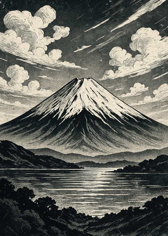 Mount Fuji Landscape Woodcut Style