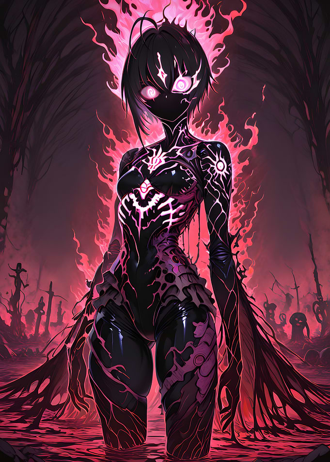 Eerie Anime Girl in Fiery Landscape