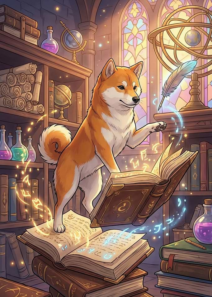 Shiba Inu Wizard in Library