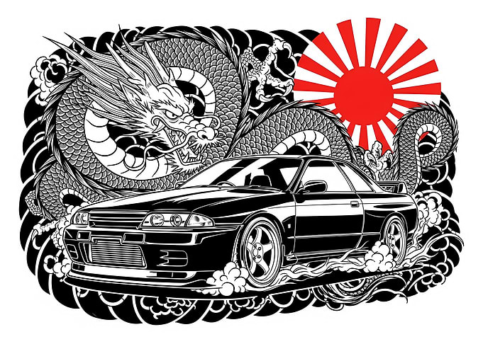Black Car with Dragon and Rising Sun