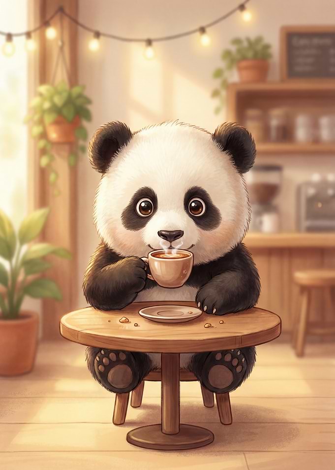 Panda Bear Drinking Coffee Illustration