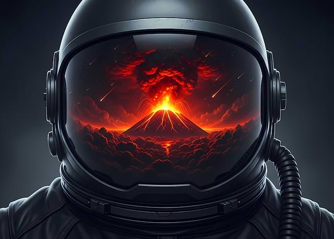 Astronaut Helmet Reflecting Volcanic Eruption