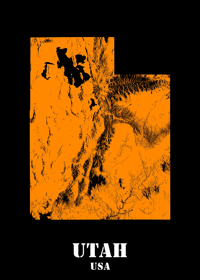 Utah USA State Minimalist Black Orange Topographic Contour Relief Map featuring terrain in orange color