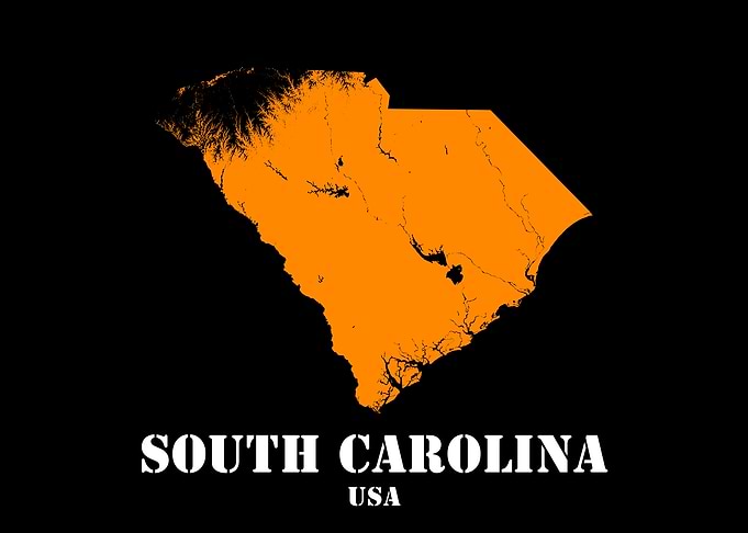 South Carolina USA State Minimalist Black Orange Topographic Contour Map featuring terrain in orange color