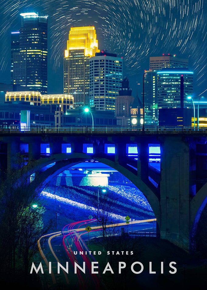 Minneapolis Skyline at Night with Star Trails