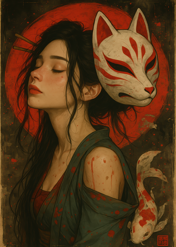 Japanese Woman with Kitsune Mask and Koi
