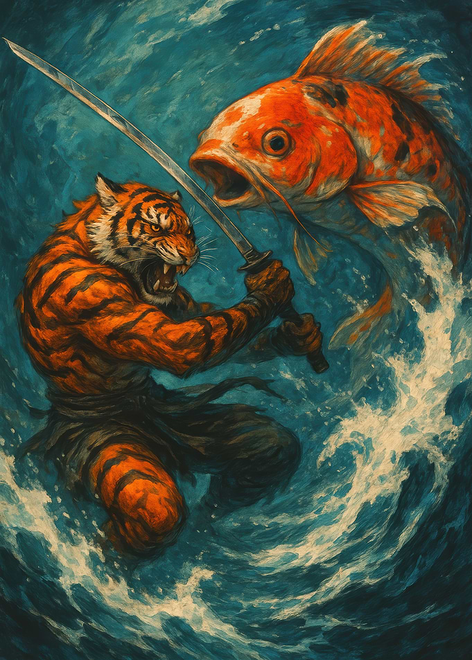 Tiger Warrior vs. Koi Fish Painting