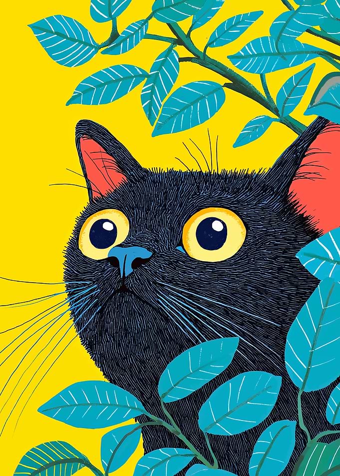 Black Cat with Leaves Illustration