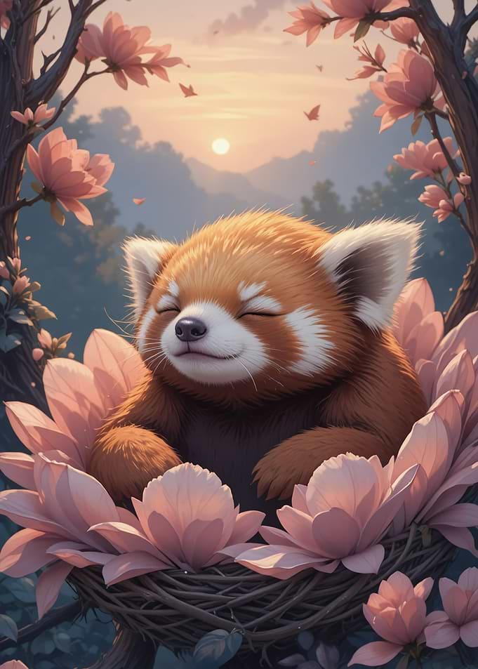 Sleeping Red Panda in Flower Nest