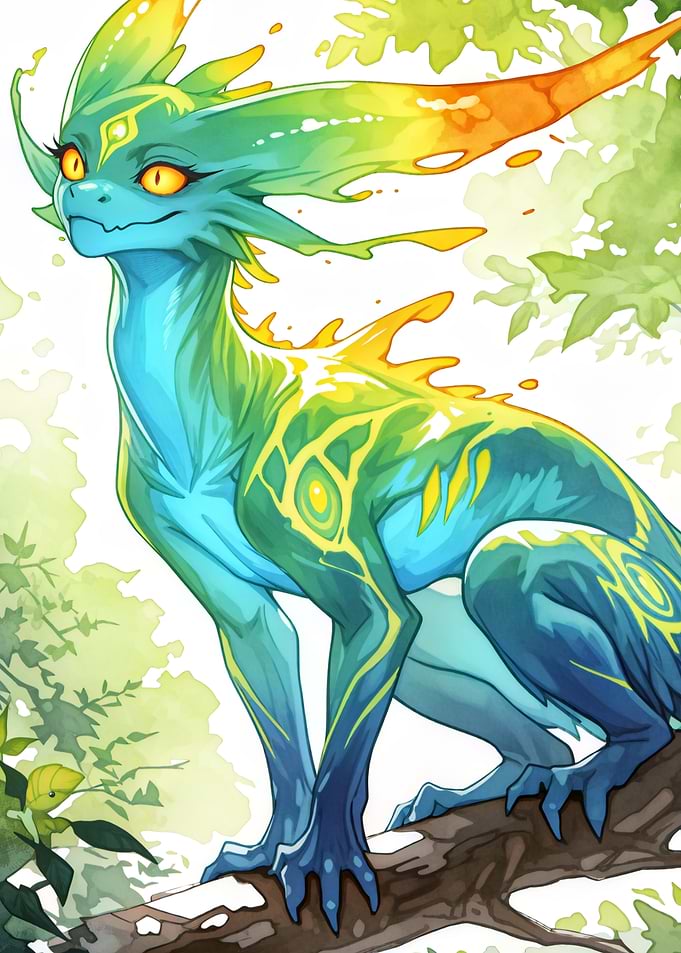 Watercolor Dragon Creature on Branch