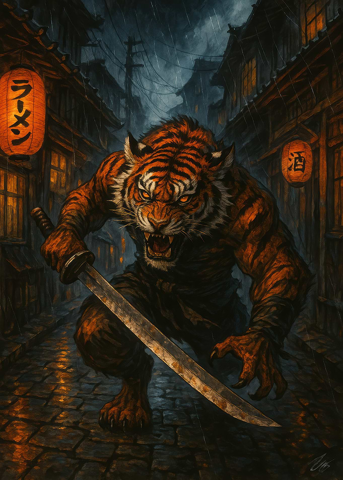 Tiger Samurai in Rainy Japanese Street