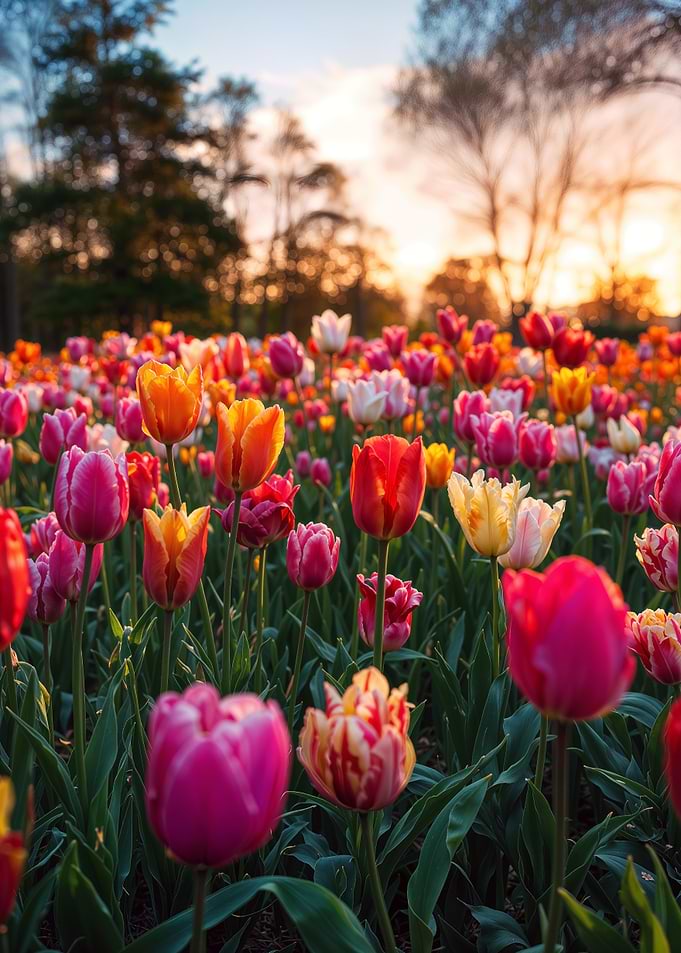 Colorful Tulip Field at Sunset
