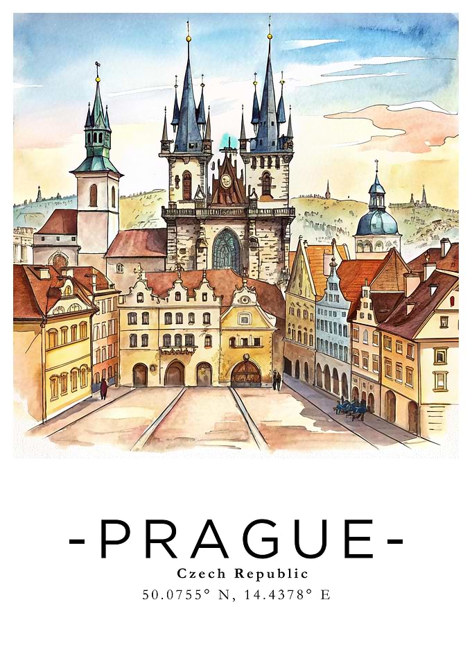 Prague Czech Republic Watercolor Illustration