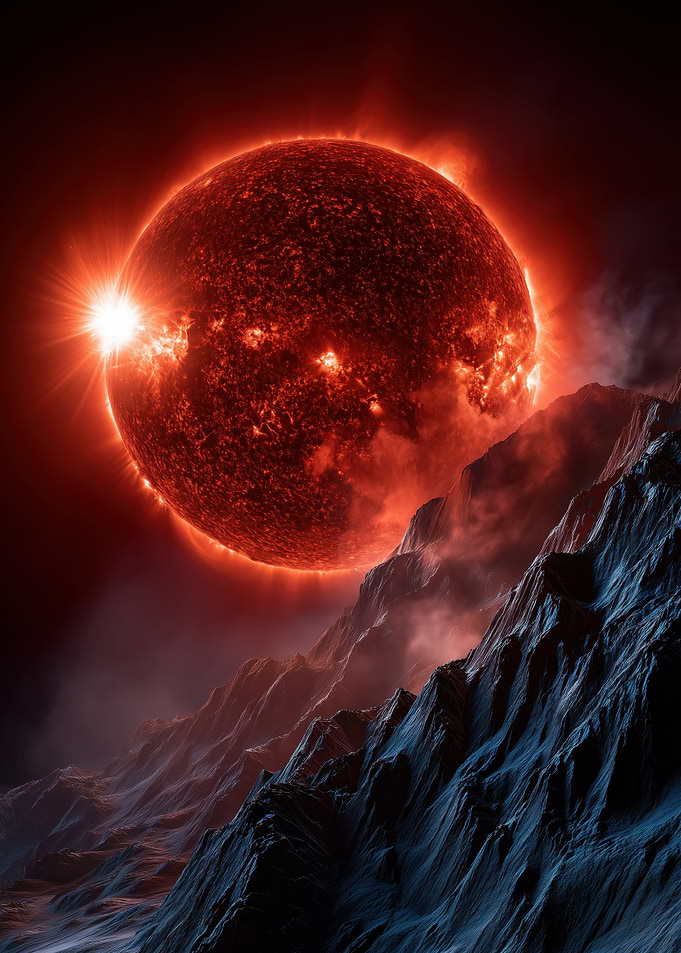 Fiery Sun Over Alien Landscape