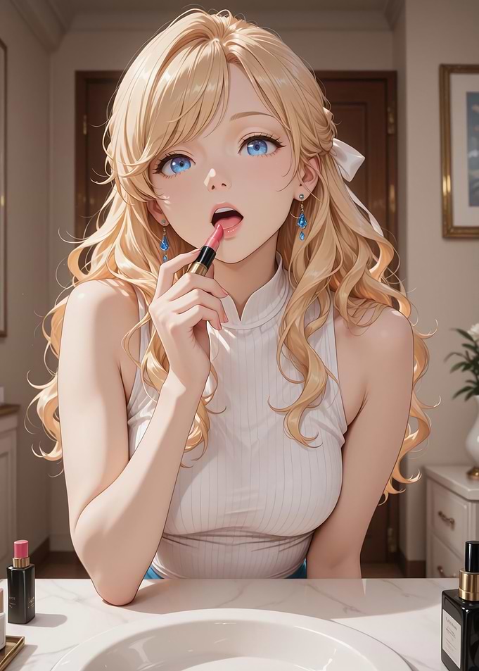 Anime Girl Applying Lipstick in Bathroom
