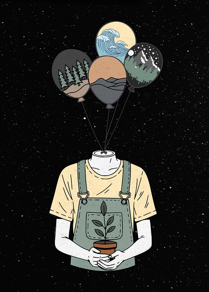 Headless Figure with Landscape Balloons