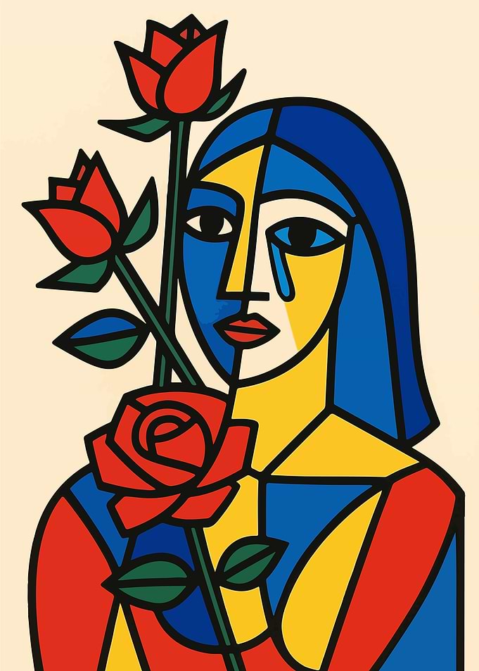 Picasso Style Cubist Woman with Red Roses