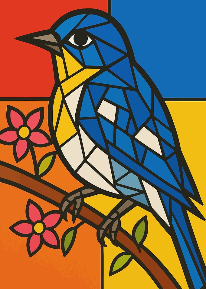 Picasso Style Cubist Mosaic Blue Bird