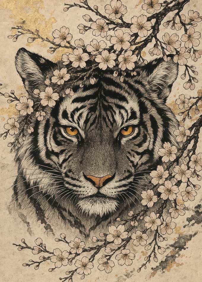 Tiger with Cherry Blossoms Illustration