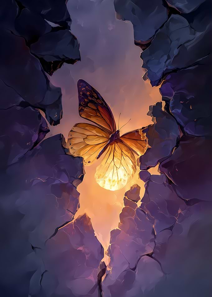 Butterfly emerging from rock crevice