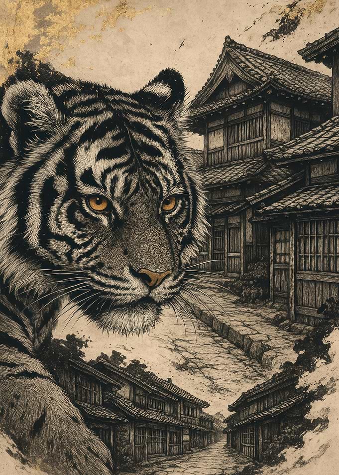 Tiger in Japanese Village Art