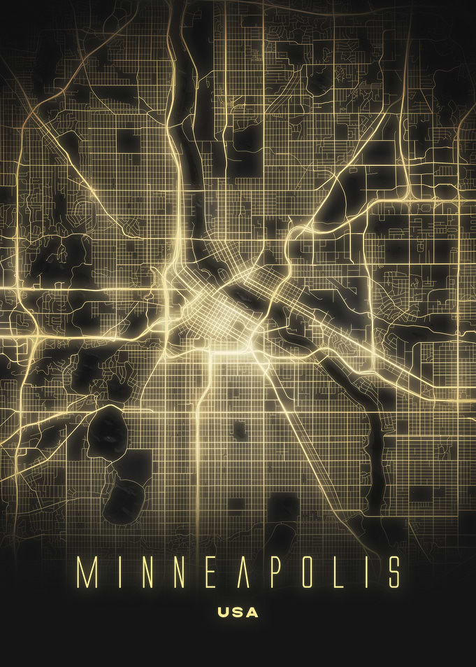 Minneapolis, USA - Radiant Night City Map Poster, Modern Street Wall Art