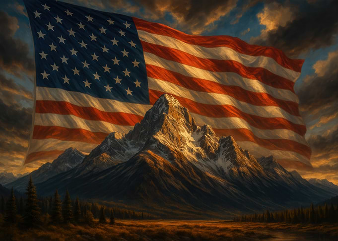 American Flag Over Mountain Landscape