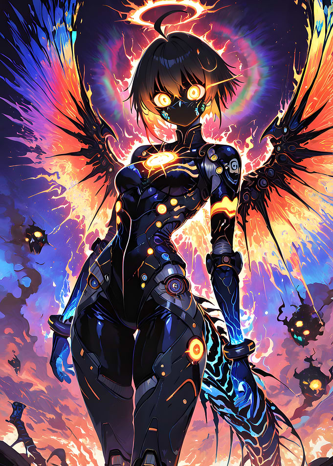 Cyberpunk Angel with Fiery Wings